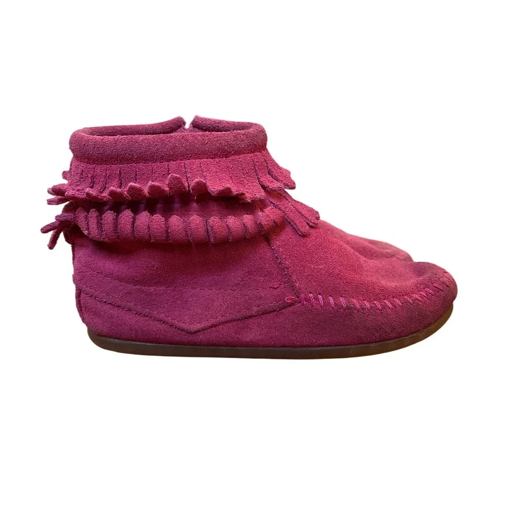 Minnetonka Moccasin‎ Boot Kids Pink Double Fringe Suede Side Zip SIZE 11